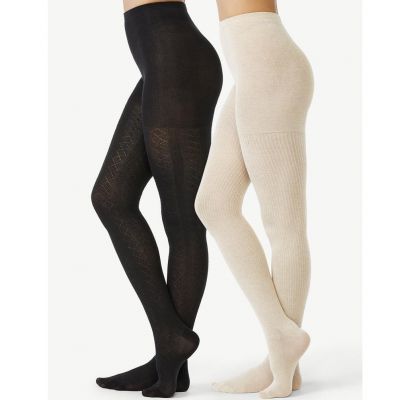 Joyspun Women's Ribbed & Pointelle Tights 2-Pack Black & Oatmeal Size SMALL NWT